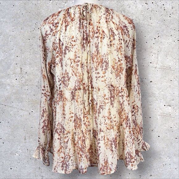 Andree By Unit Tiered Floral Top Cream Brown Semi Sheer Large Boho Peasant - Picture 4 of 8